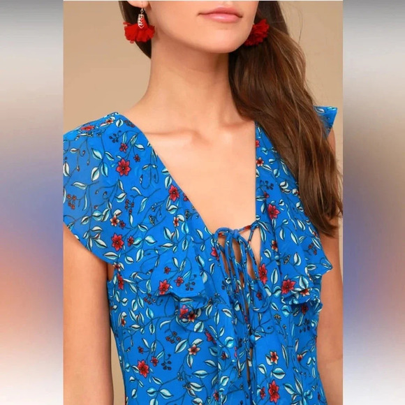 NWT!! Lulu’s - Always and Forever Blue Floral Print Lace-Up High-Low Dress - XS - Picture 4 of 12